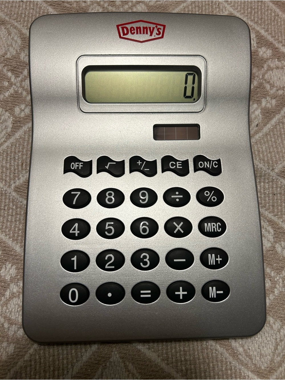 Denny's Silver Solar & Battery Operated Calculator with Black Buttons